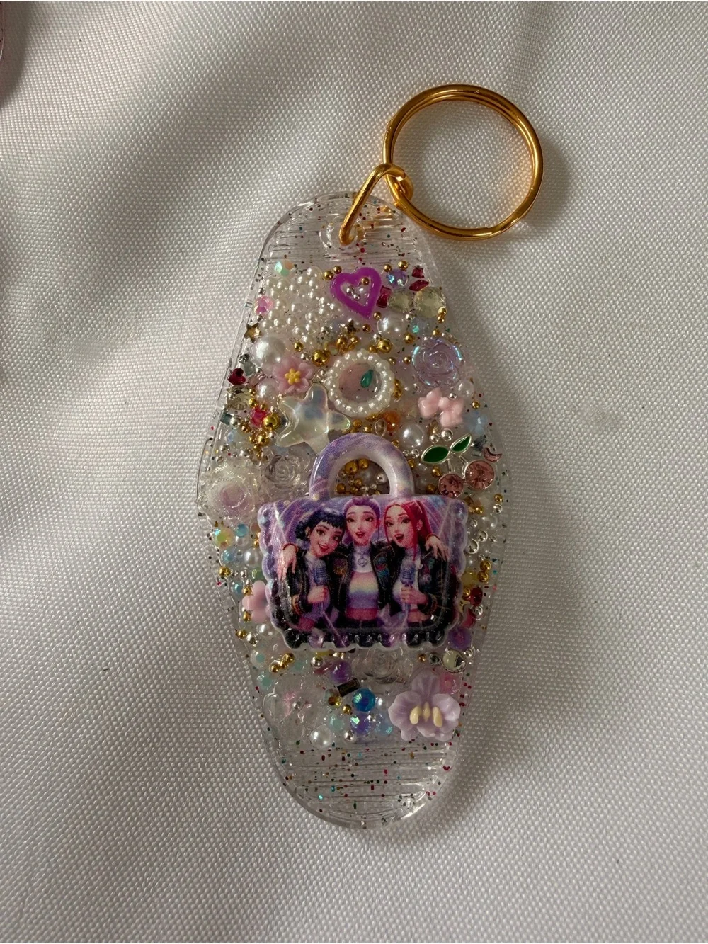 K Pop Glitter Keychain with Trio Graphic - Clear, Pink, Gold Accents